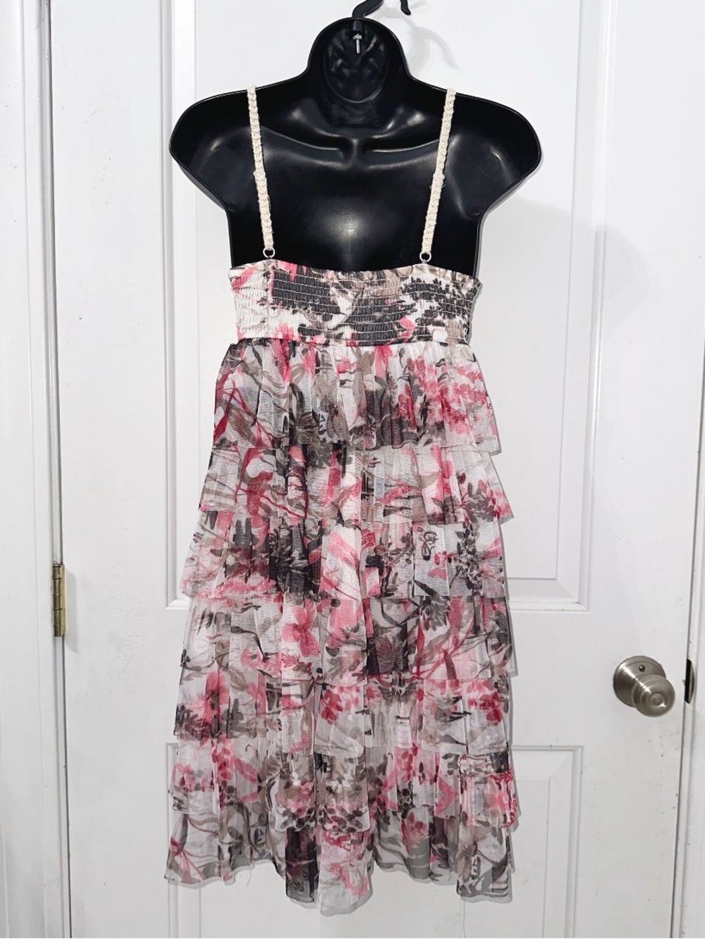 J Gee summer dress features a layered pink and black floral skirt, crochet top - Picture 3 of 5